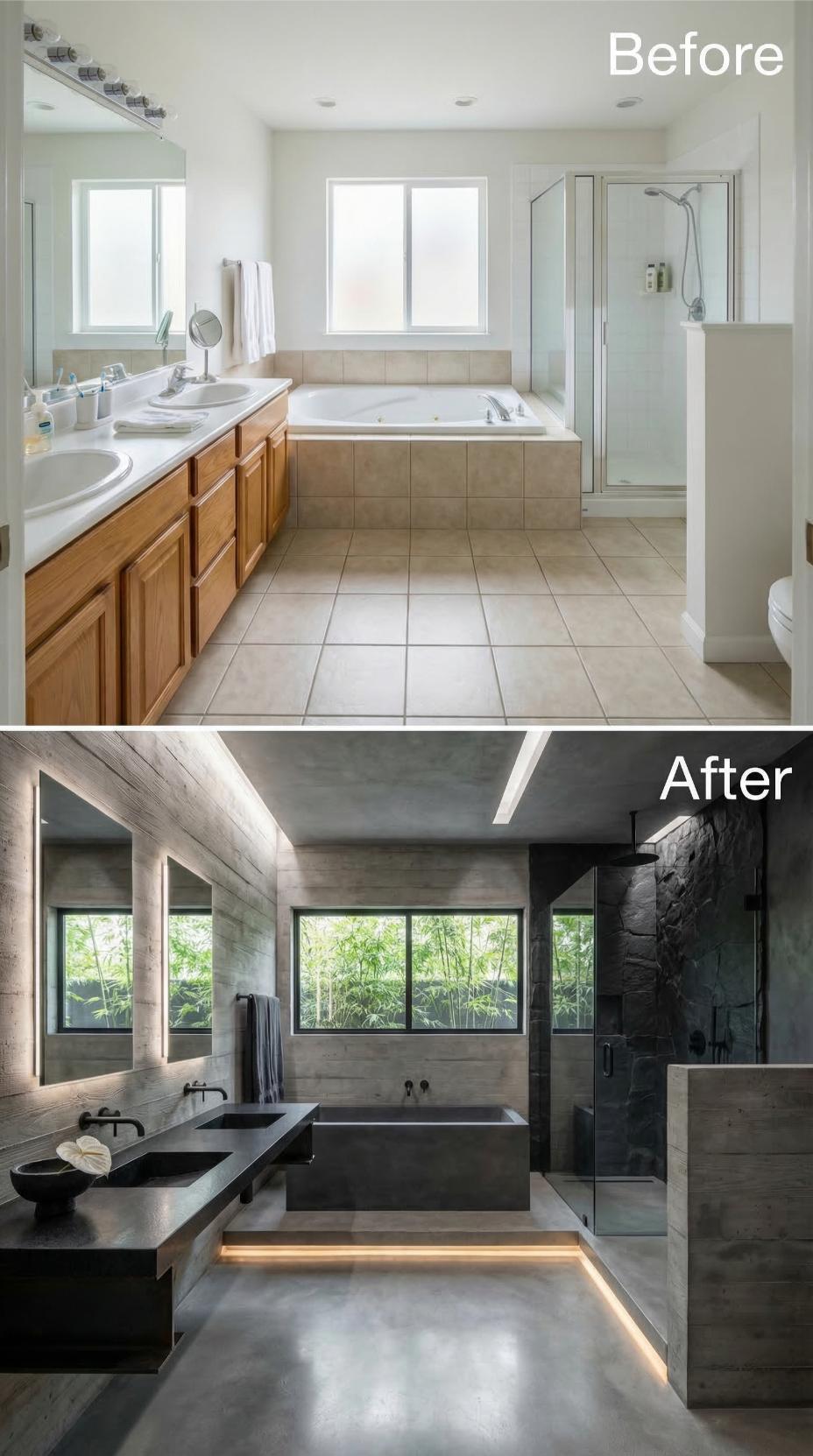 Raw Concrete Walls and Amber LED Underlighting Redefine This Primary Bath