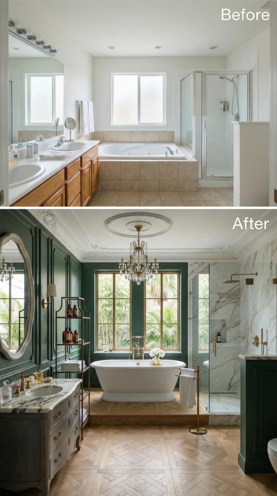 Dark Green Paneling and a Crystal Chandelier Swap Out Beige Tile in This Primary Bath