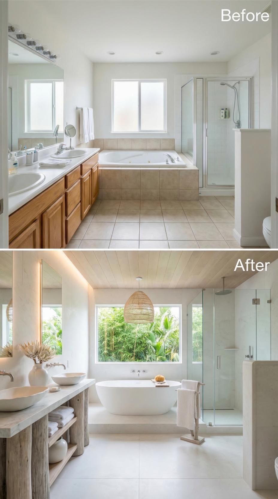 Woven Rattan, Vessel Sinks, and Freestanding Soaking Replace Dated Oak Cabinetry