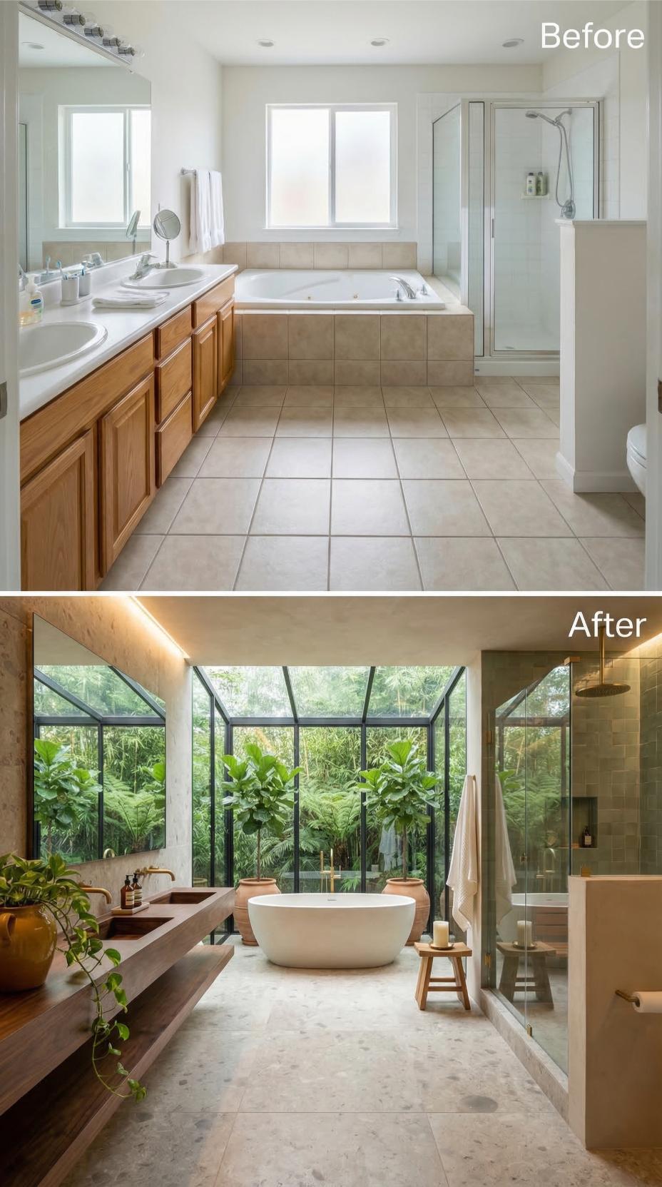 Glass Walls, Terrazzo Floors, and Tropical Greenery Redefine a Dated Primary Bath