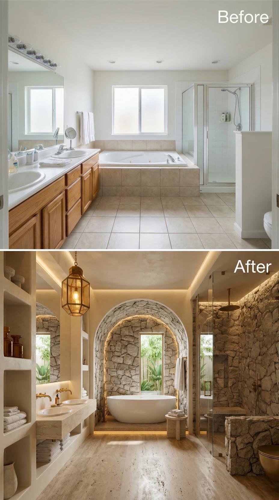 Natural Stone Archways and Brass Fixtures Overtake a Forgettable Beige Primary Bath