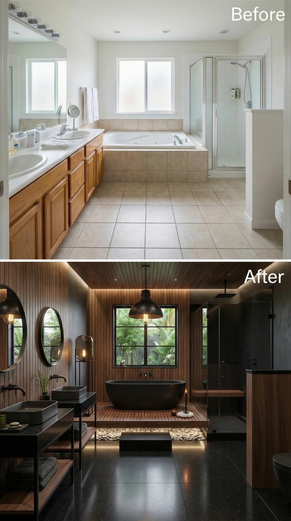 Teak Slat Walls, a Black Soaking Tub, and Pendant Lighting Replace Beige Tile