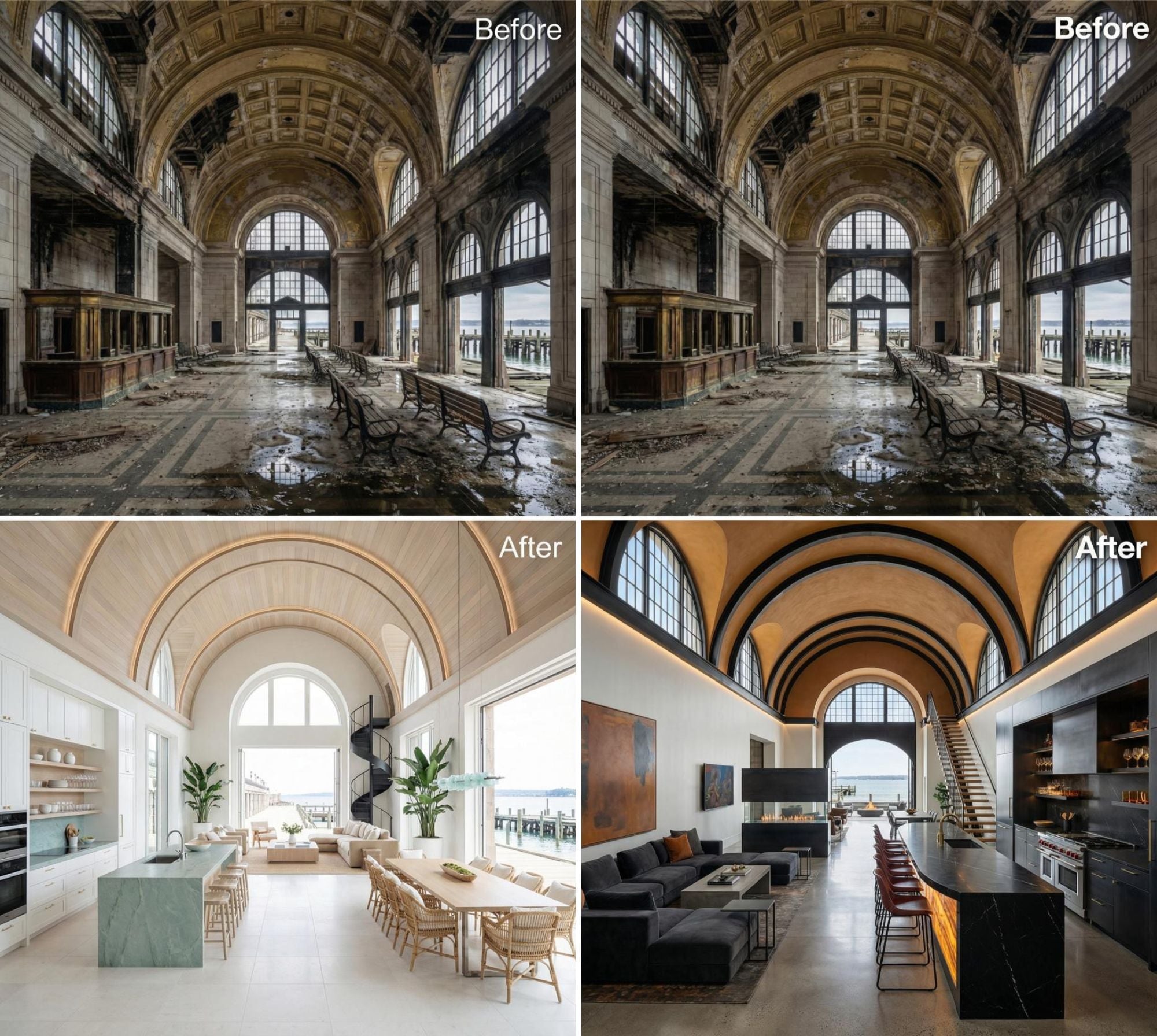 Abandoned Ruins of a Beaux-Arts Ferry Terminal Reimagined into 32 Eye-Watering Luxury Homes Courtesy of AI (Before & After Pics)