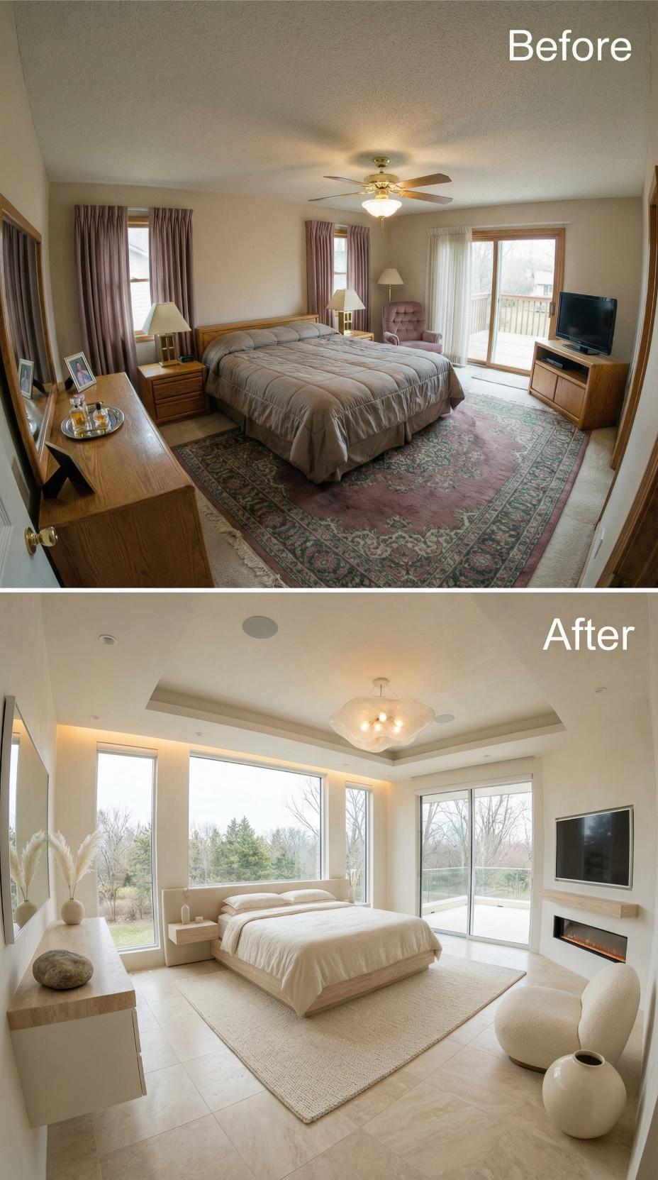 Tray Ceiling with Recessed Lighting and Wraparound Glass Walls