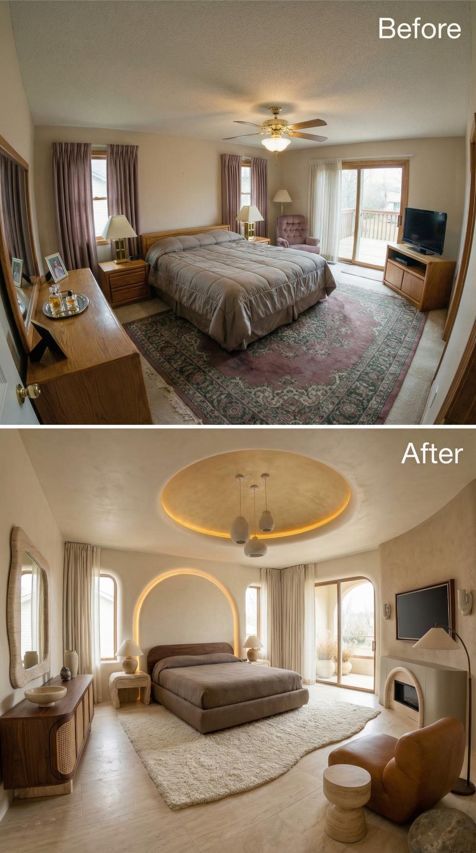 Circular Backlit Ceiling Medallion with Curved Niche and Desert Neutrals