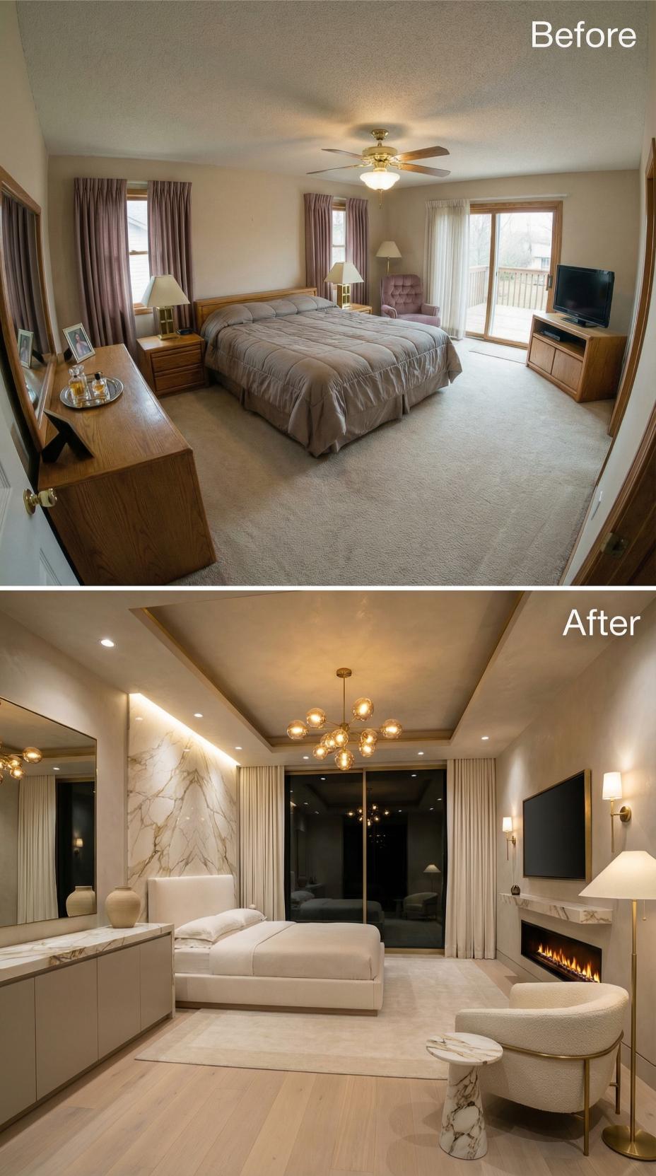 Sputnik Chandelier and Fireplace Wall with Marble Headboard Insert