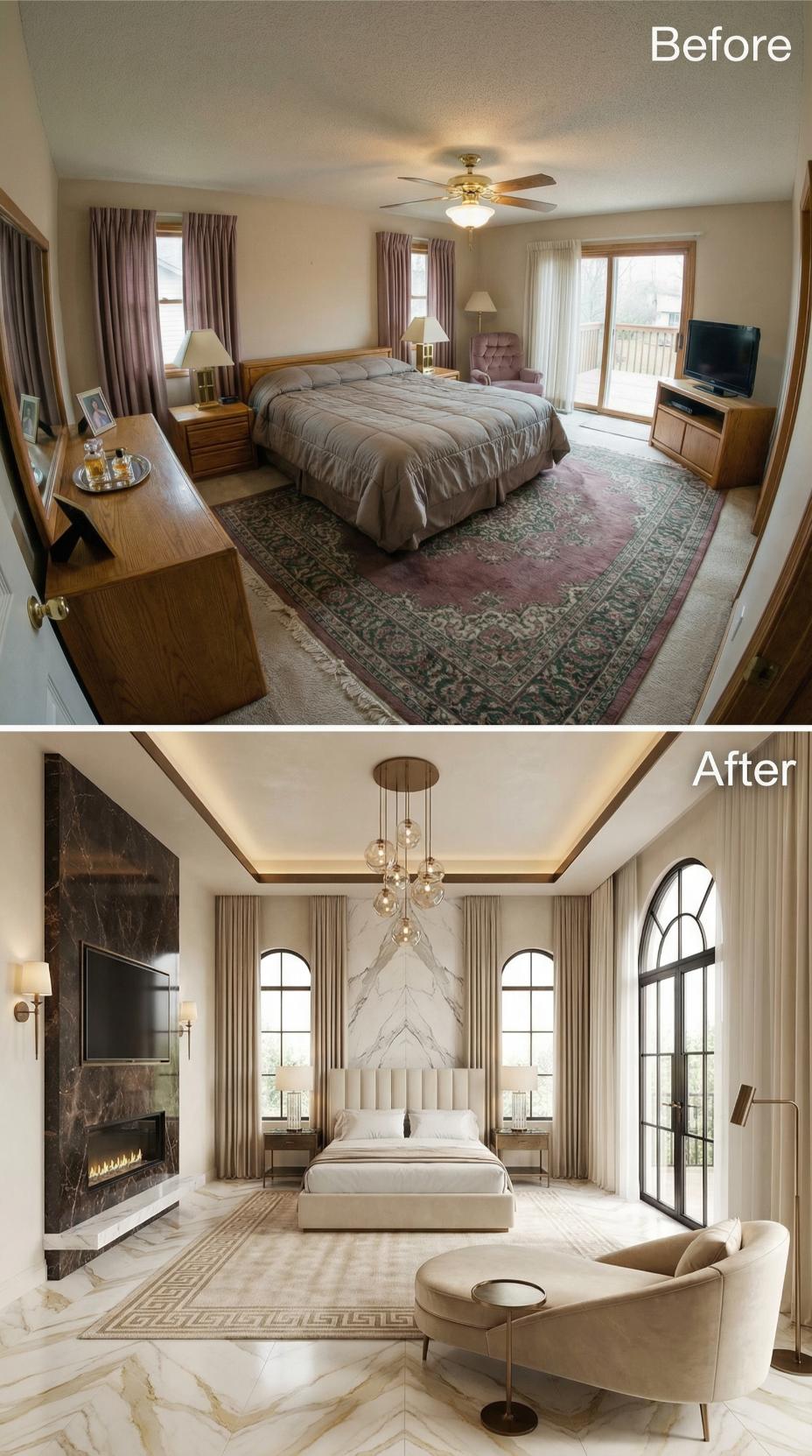 Arched French Doors and Book-Matched Marble Statement Wall