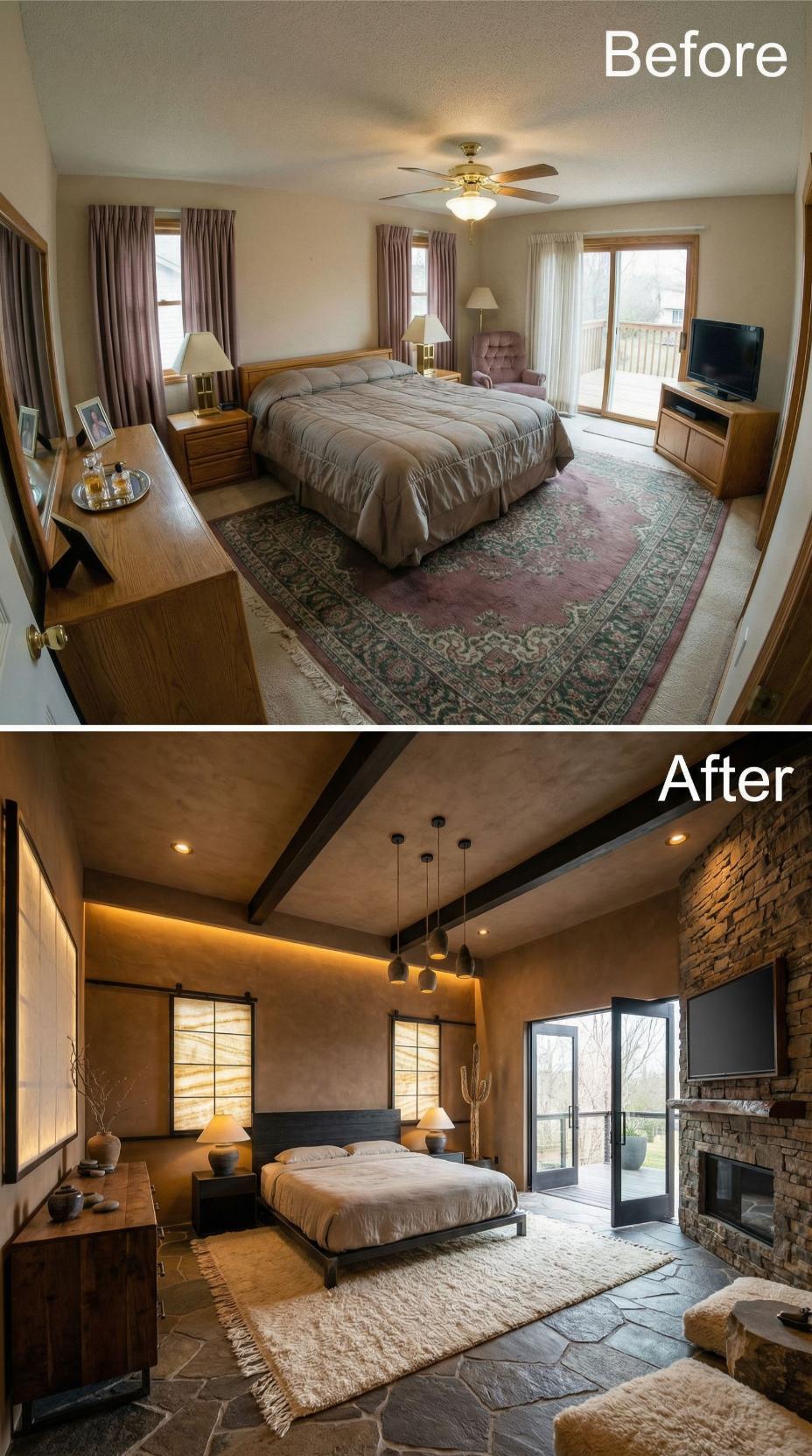 Raised Beam Ceiling with Pendant Cluster and Stone Fireplace Surround