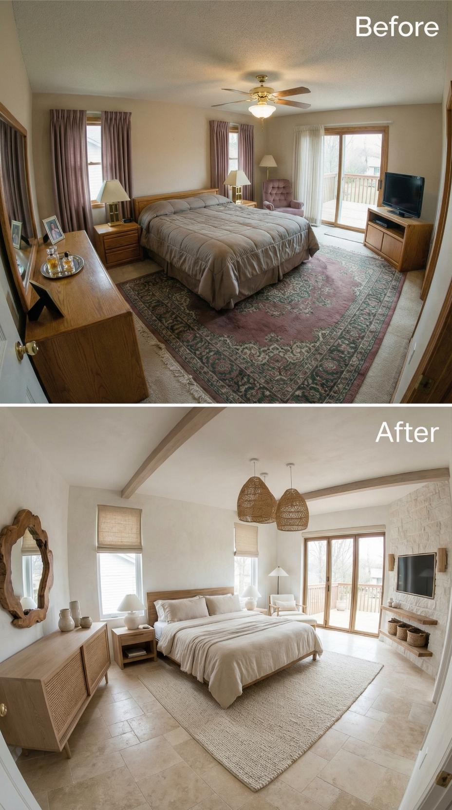 Vaulted Ceiling with Woven Pendants and Textured Stone Accent Wall