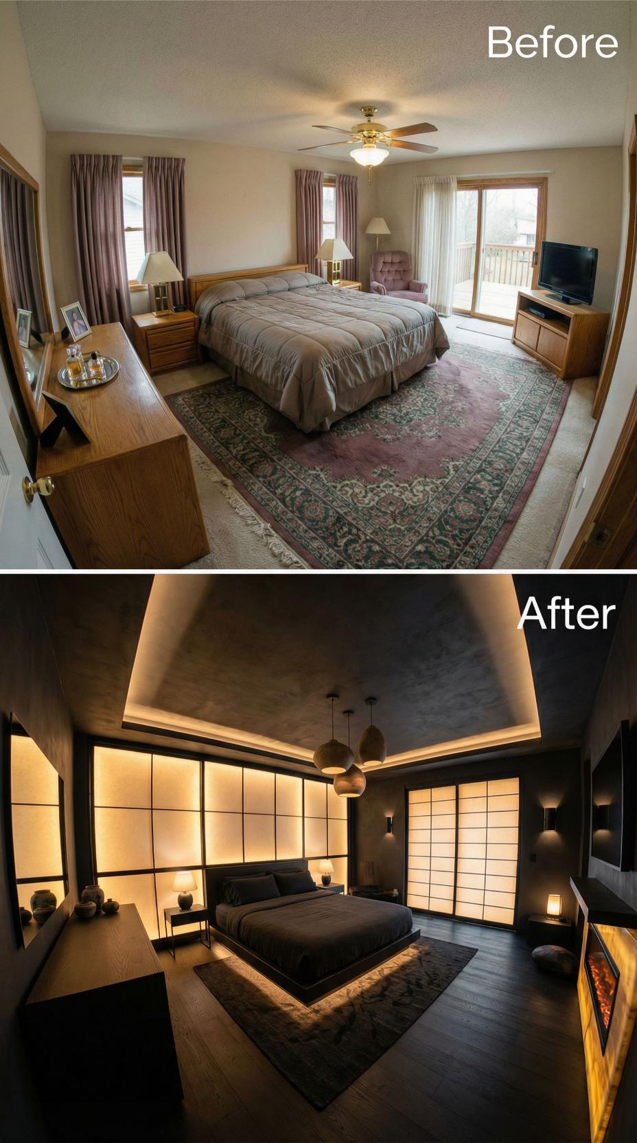 Backlit Shoji Panels and Cove-Lit Tray Ceiling Over Platform Bed