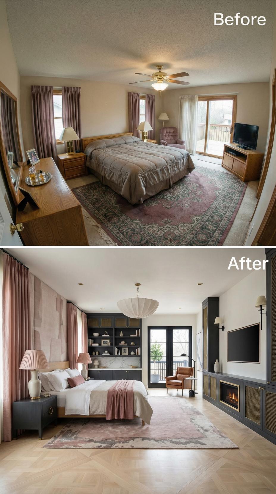 Built-In Bookcase and Fireplace Wall with Black-Framed French Doors