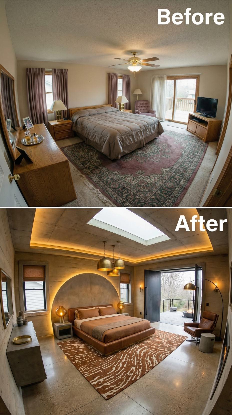 Shiplap Walls and Recessed Arch Headboard with Skylight Tray Detail