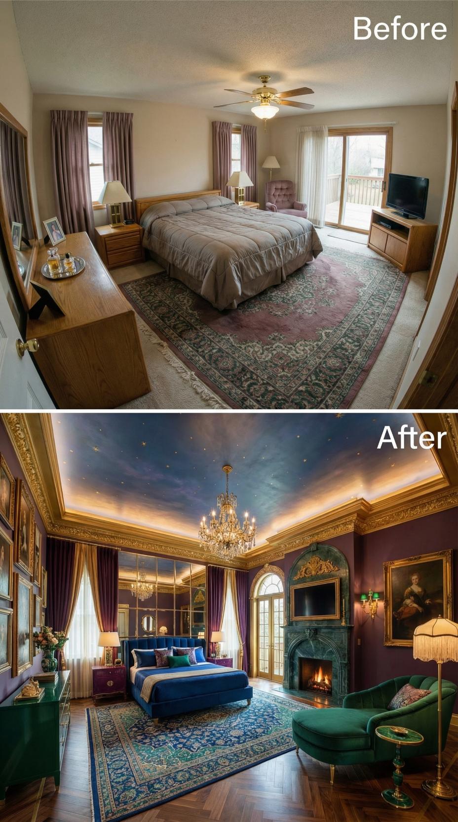 Hand-Painted Sky Ceiling with Ornate Gilded Crown Molding and Fireplace