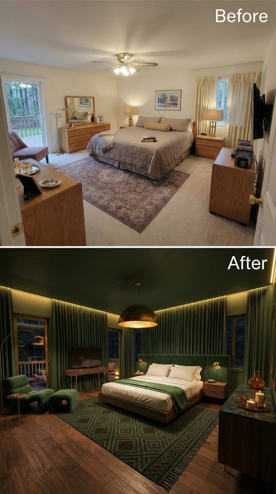 Dark Green Velvet and Warm Wood Turn a Dated Bedroom Into Something Serious