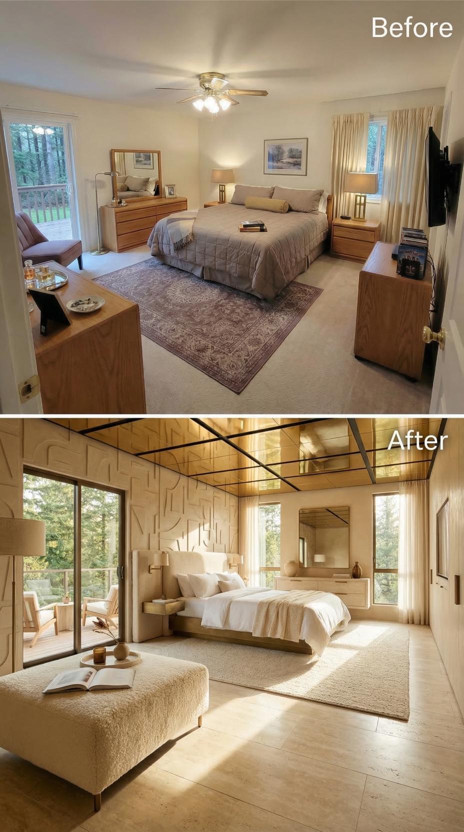 Mirror Ceiling Panels and Textured Plaster Walls Replace Carpet and a Ceiling Fan