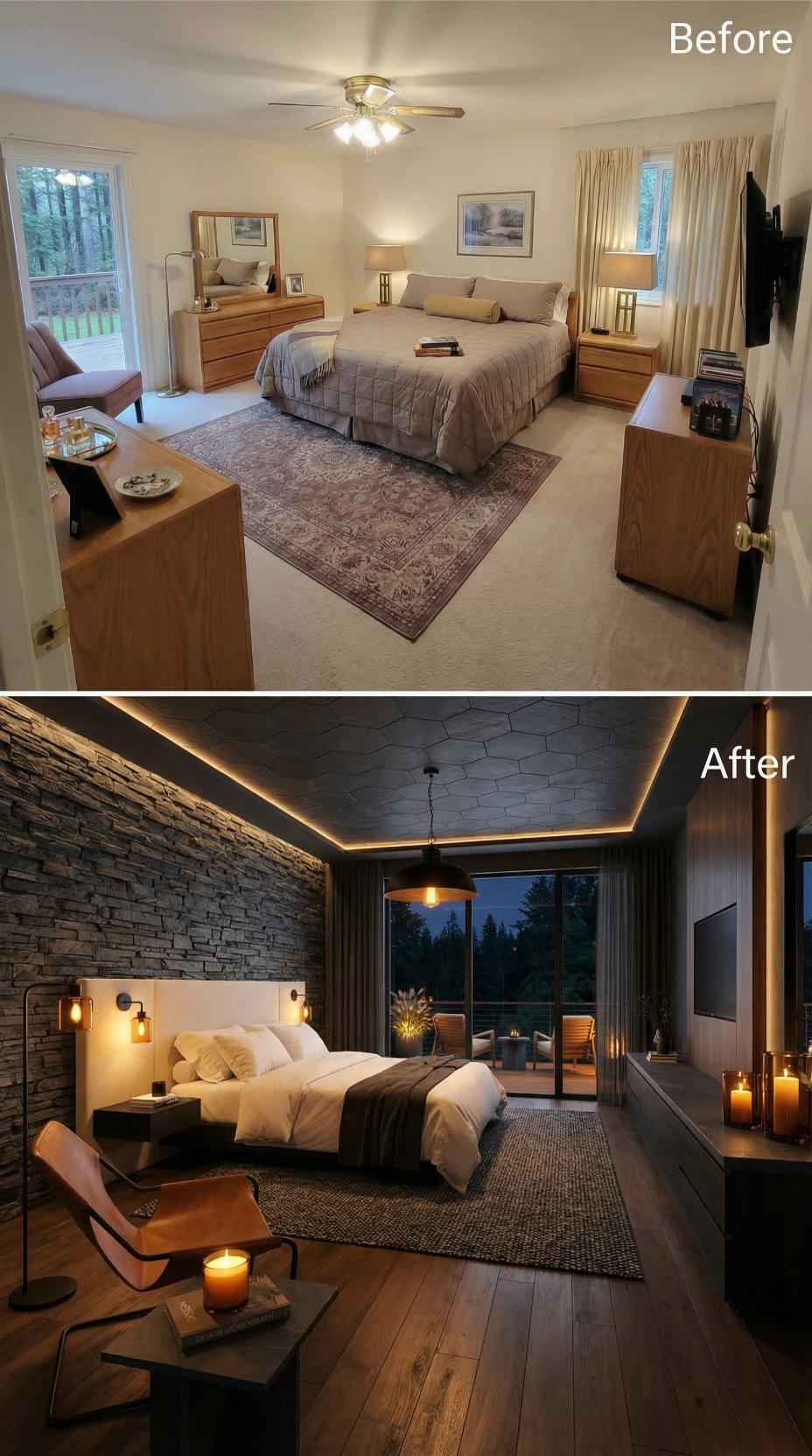 Stone Accent Wall and Hexagonal Ceiling Panels Replace Carpet and a Basic Fan