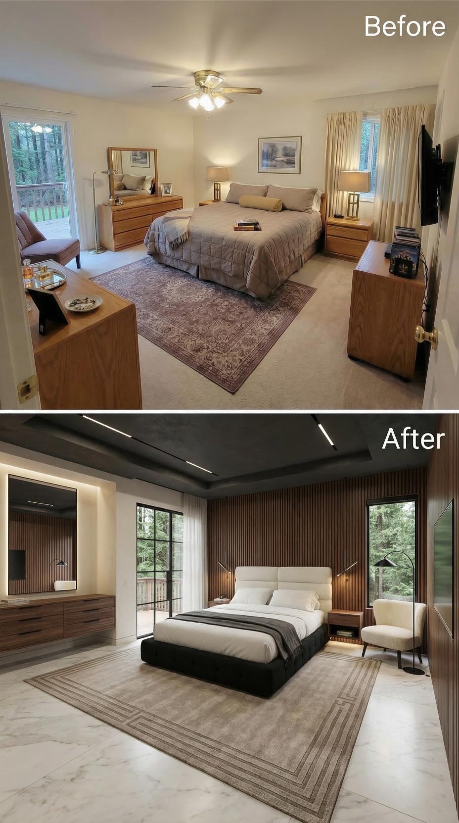 Walnut Slat Walls and a Dark Tray Ceiling Dismantle What Beige and Carpet Built