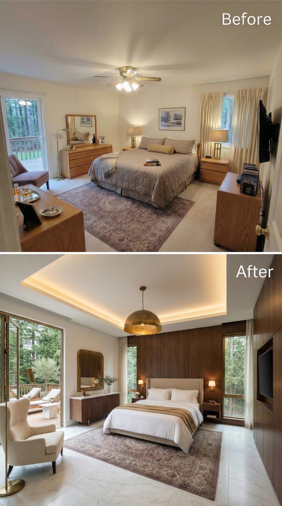 Dark Walnut Paneling and a Tray Ceiling with Cove Lighting Replace Beige and a Fan