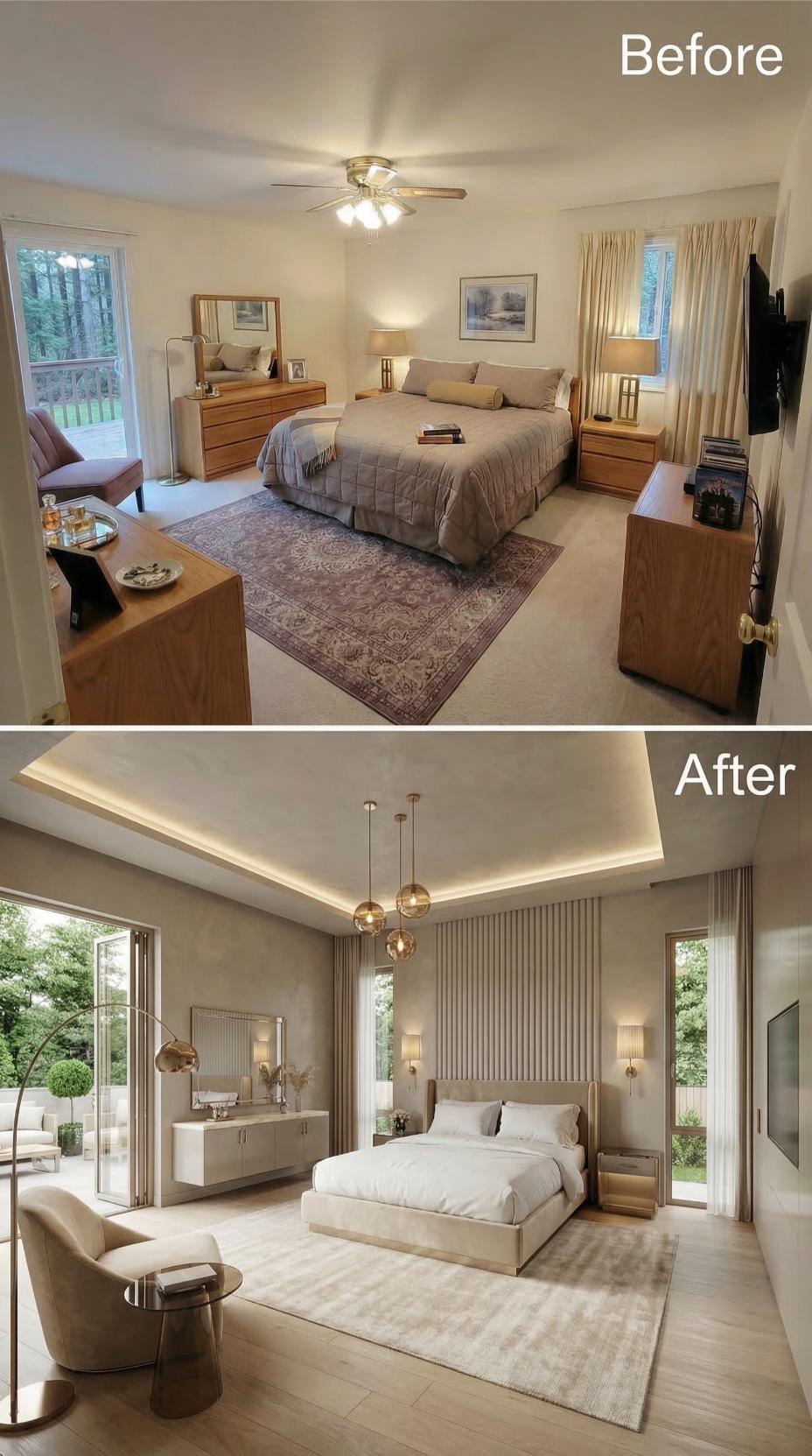 Fluted Wall Panels and Pendant Globes Replace a Ceiling Fan and Warm Oak Furniture