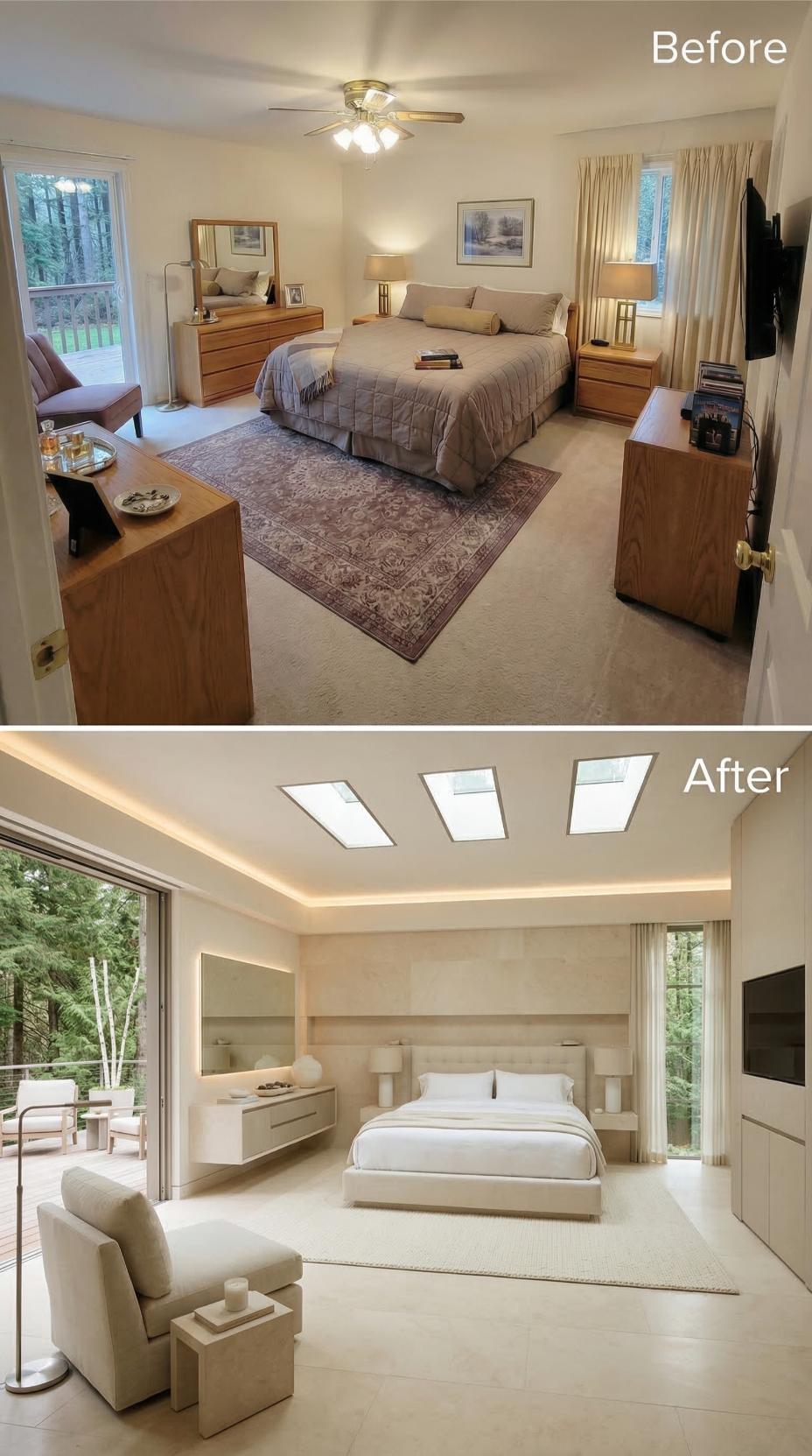 Skylights, Cove Lighting, and Linen Upholstery Replace Oak Furniture and a Ceiling Fan