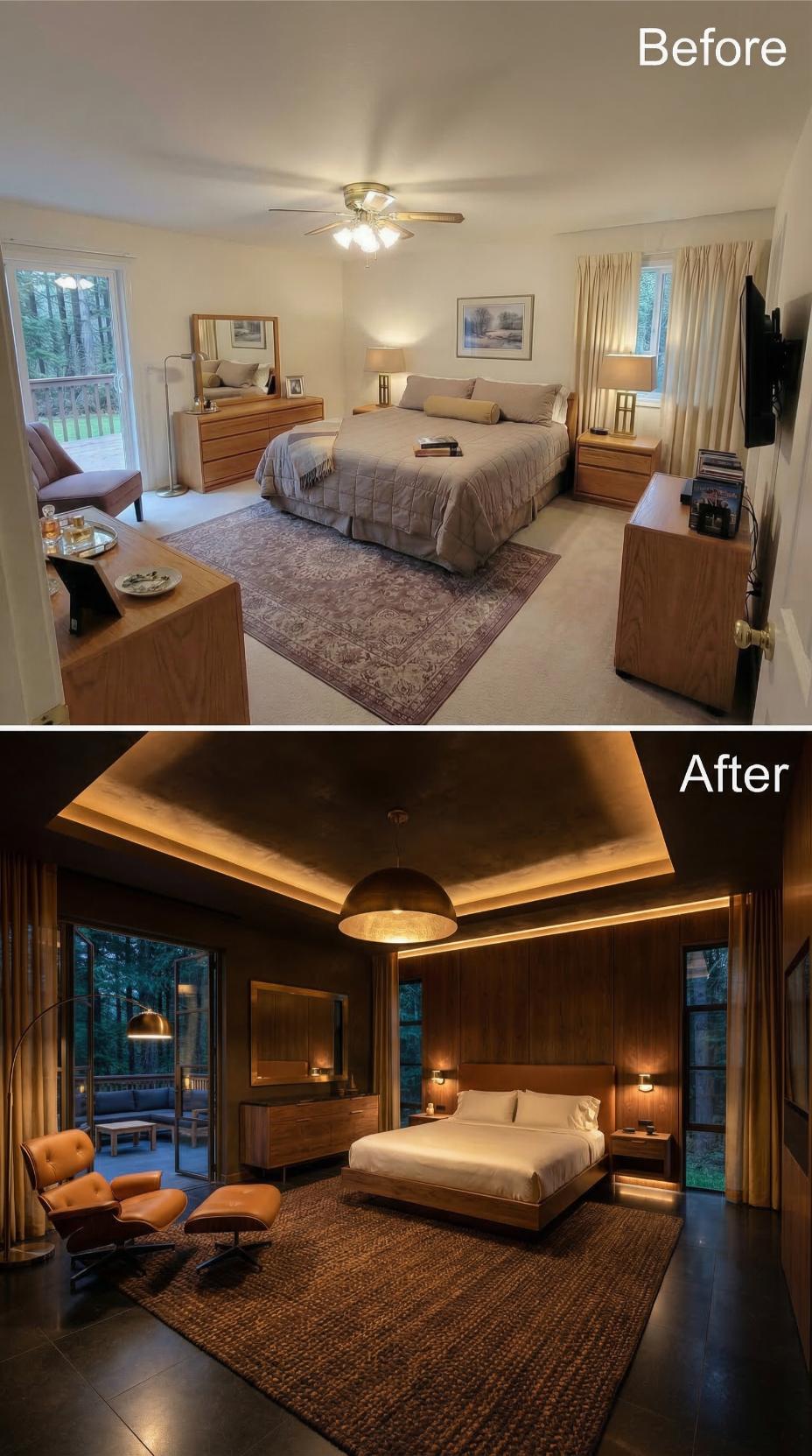 Dark Walnut Wall Panels and Tray Ceiling Cove Lighting Bury a Beige Fan Room