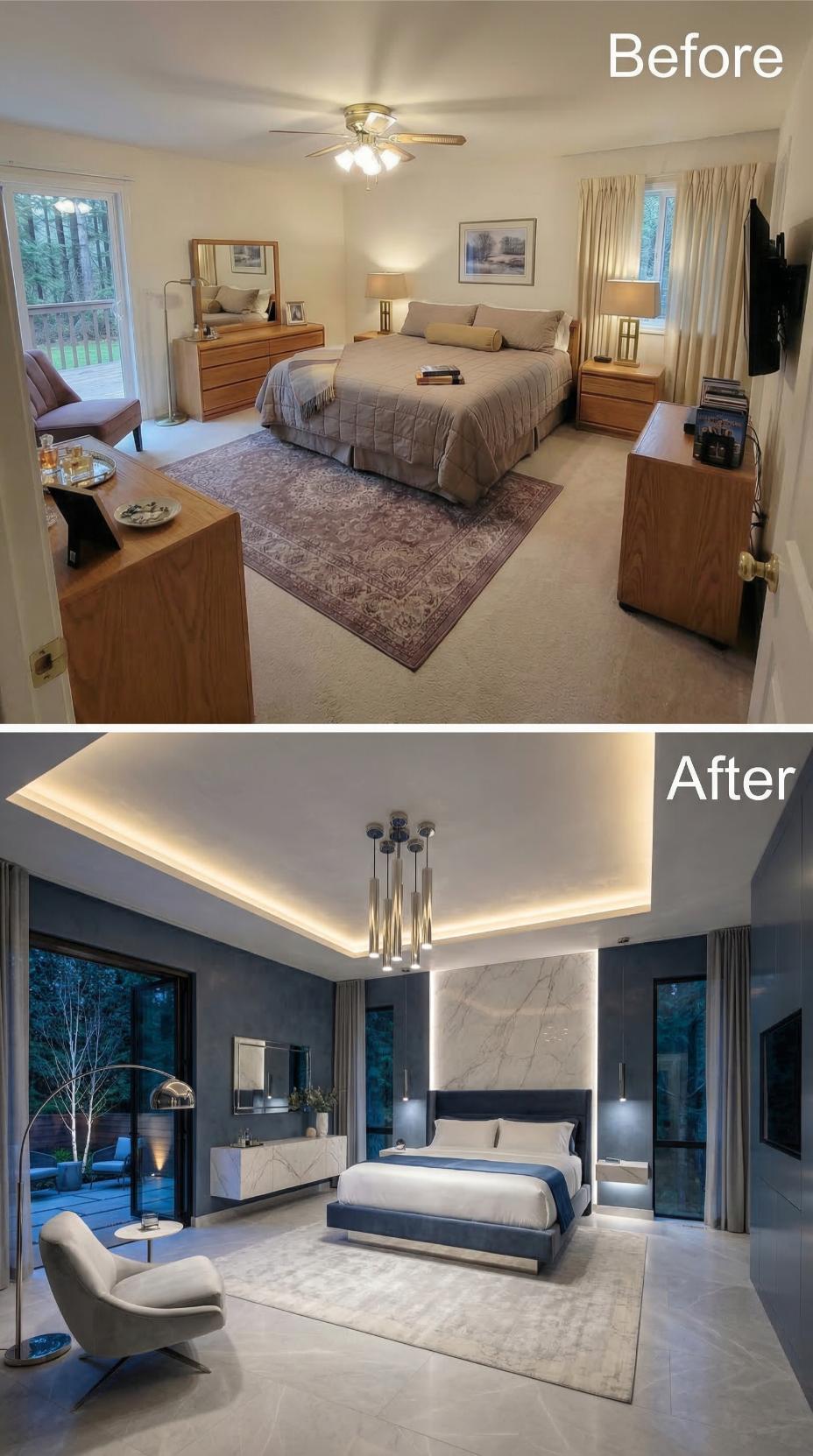 Marble Slab Headboard Wall and Tray Ceiling Cove Lighting Displace Oak and Carpet