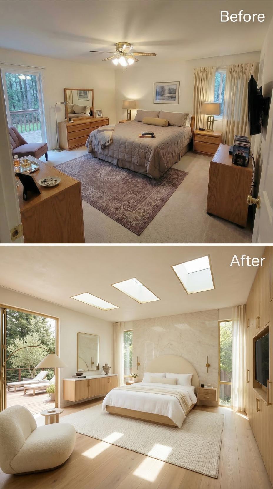 Skylights and Bleached Oak Displace a Ceiling Fan and Oak Furniture That Overstayed