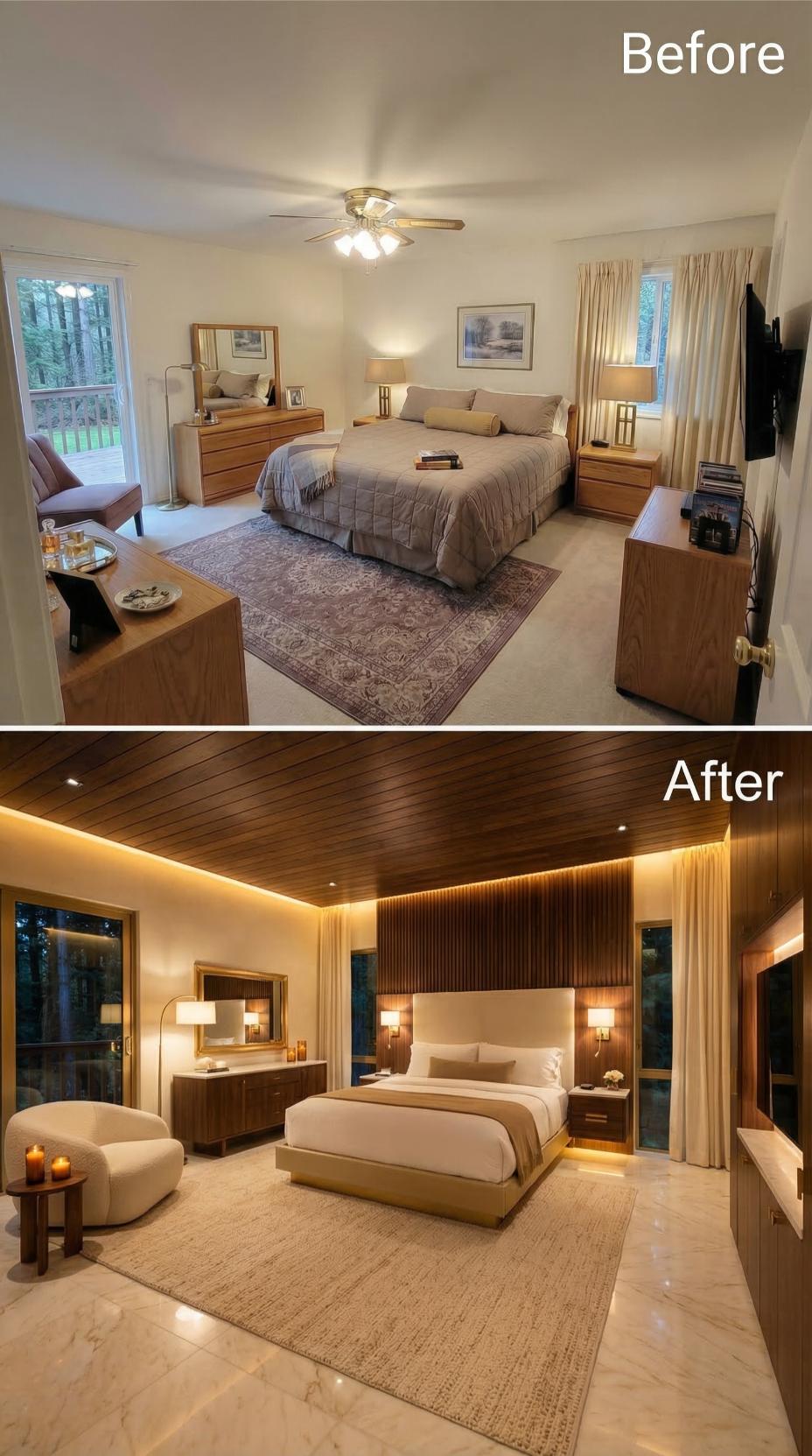 Wood Slat Ceiling, Marble Floors, and Recessed Lighting Swap Out Carpet and Drywall