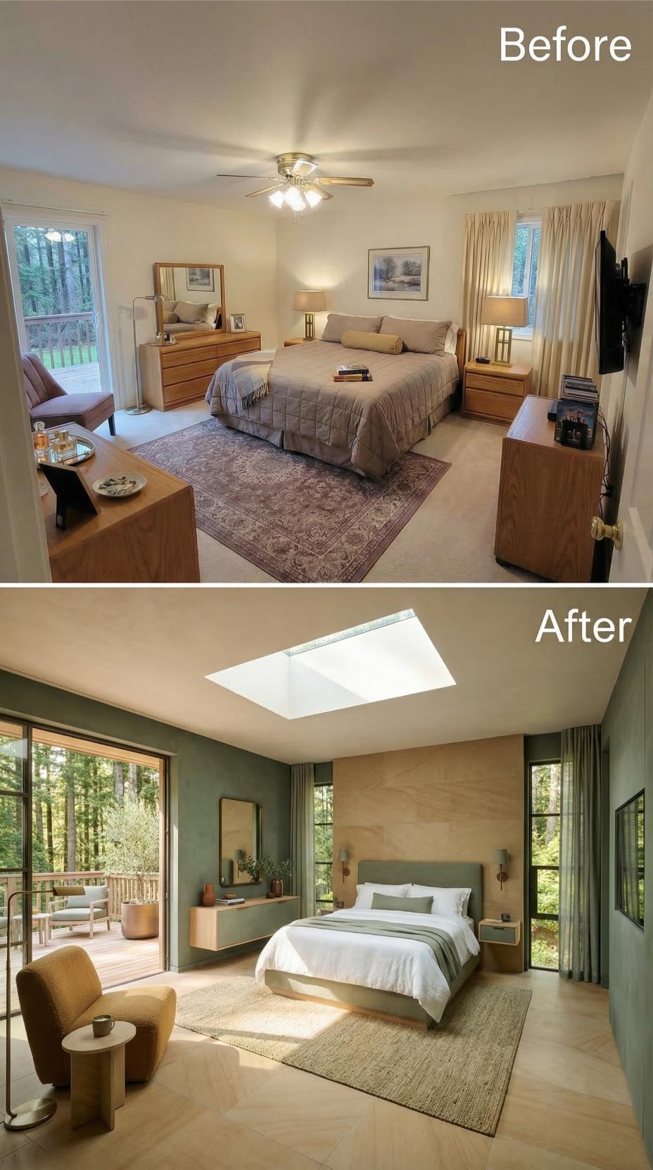 Birch Plywood Paneling and a Skylight Replace Oak Dressers and a Ceiling Fan