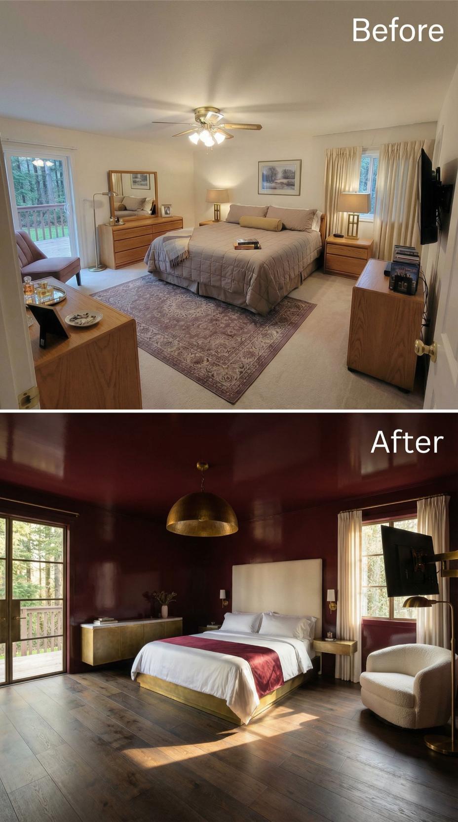 Crimson Lacquer Walls and a Brass Dome Pendant Erase Oak Dressers and Carpet