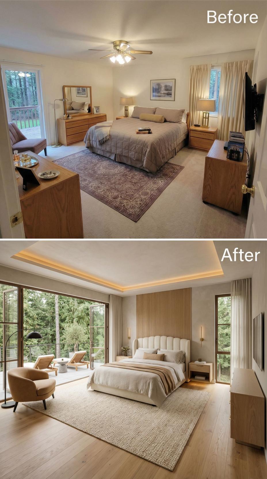 Fluted Oak Panels and a Tray Ceiling with Cove Lighting Displace Carpet and a Ceiling Fan