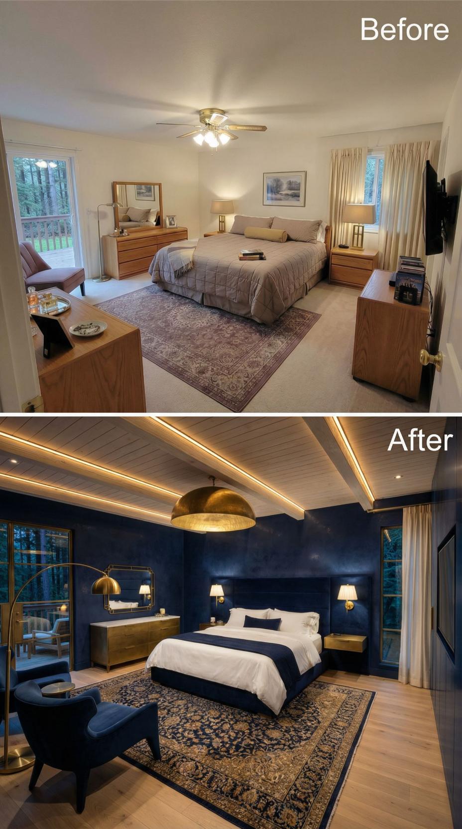 Navy Venetian Plaster Walls and a Coffered Ceiling with LED Coves Displace Oak and Carpet