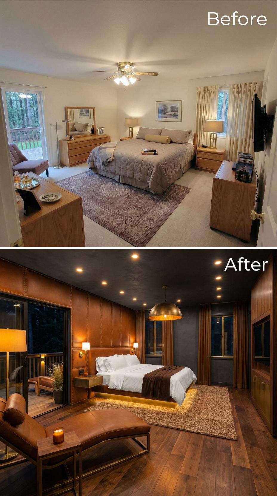 Leather Wall Panels and Recessed Ceiling Lights Bury Carpet and Oak Dressers