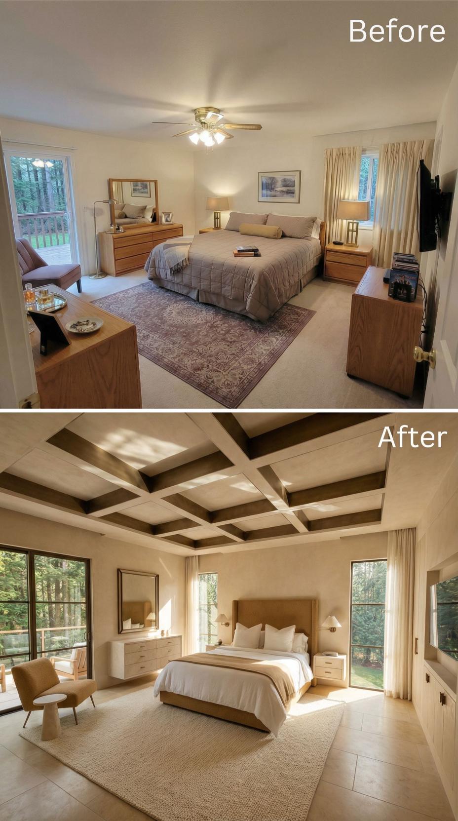 Coffered Ceiling with Dark Wood Beams Replaces Carpet and a Builder-Grade Fan