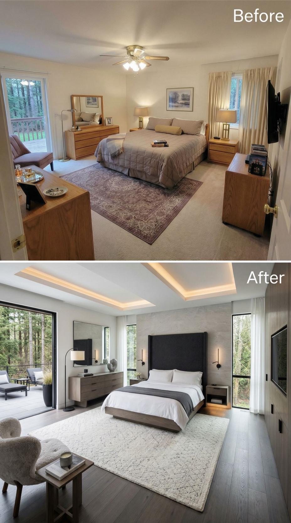 Tray Ceiling Cove Lighting and Dark Hardwood Floor Retire Oak Dressers and Beige Carpet