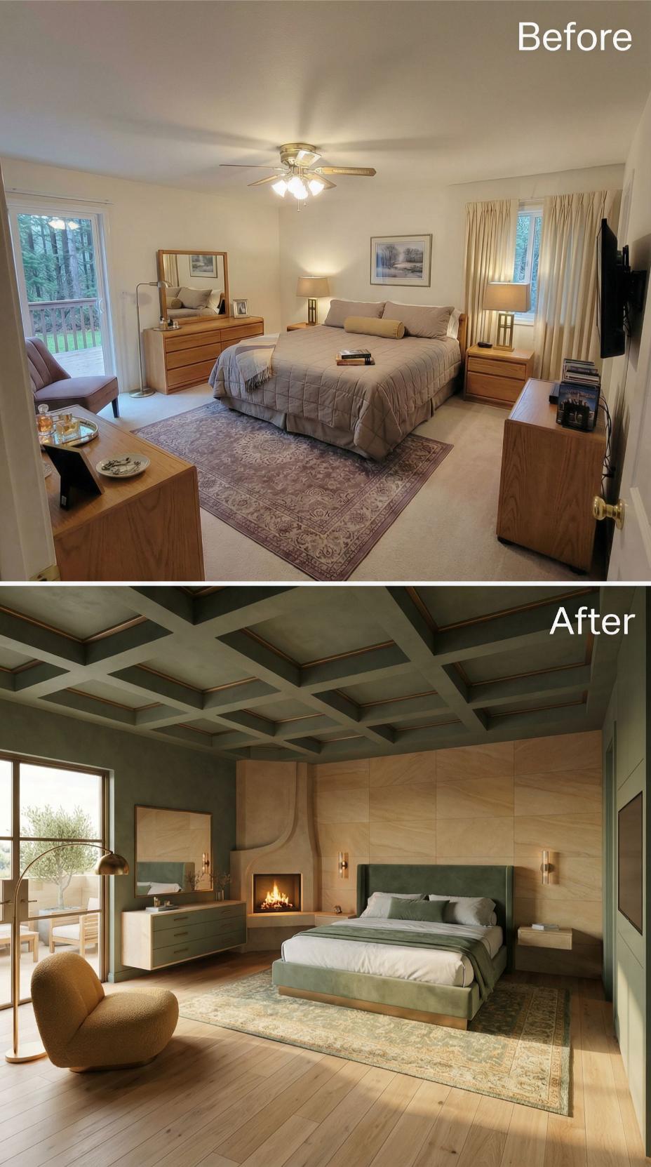 Coffered Ceiling in Sage Green and a Stone Fireplace Surround Displace Oak Dressers and Carpet