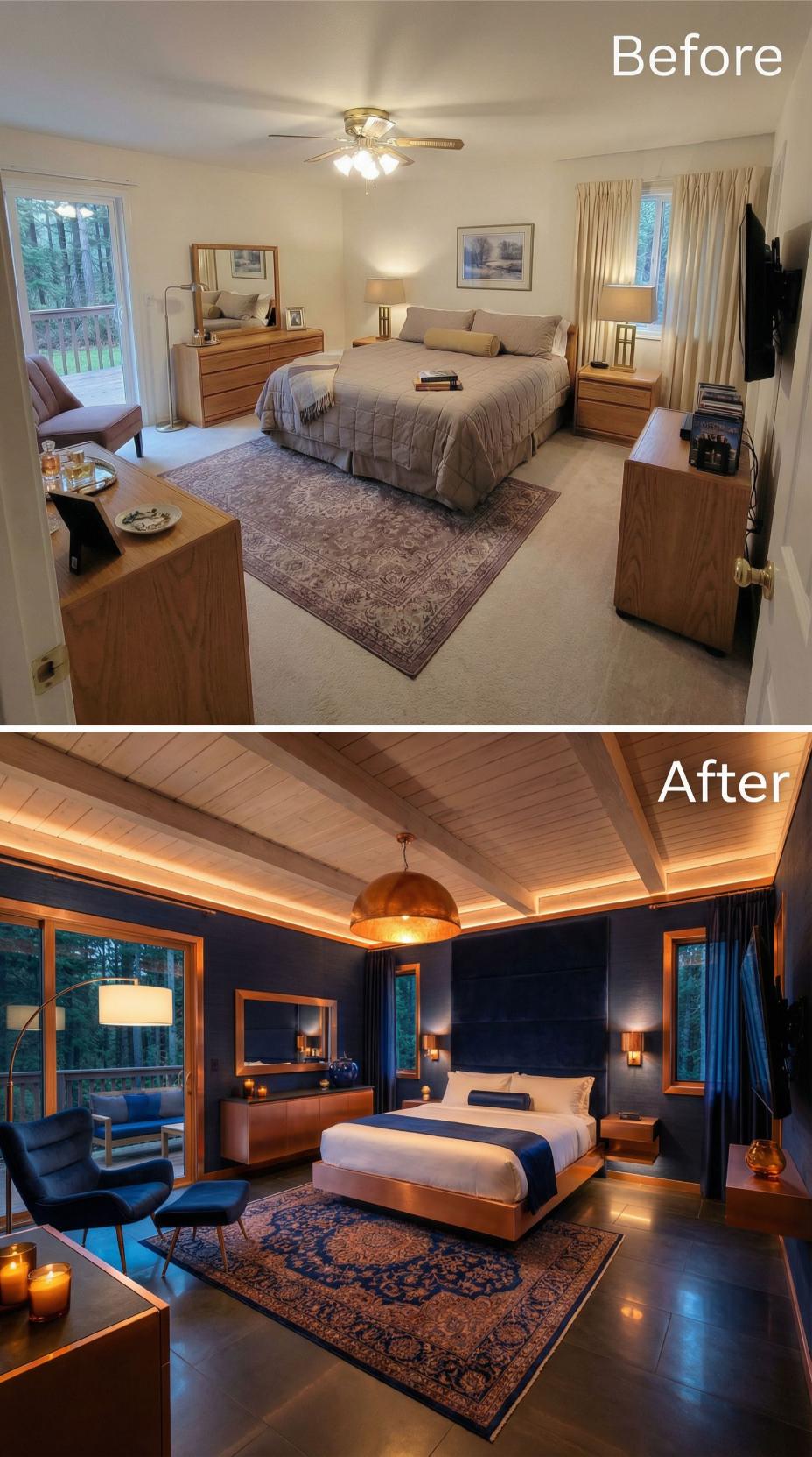 Copper-Framed Oak Shiplap Ceiling and Navy Walls Bury Beige Carpet and a Ceiling Fan