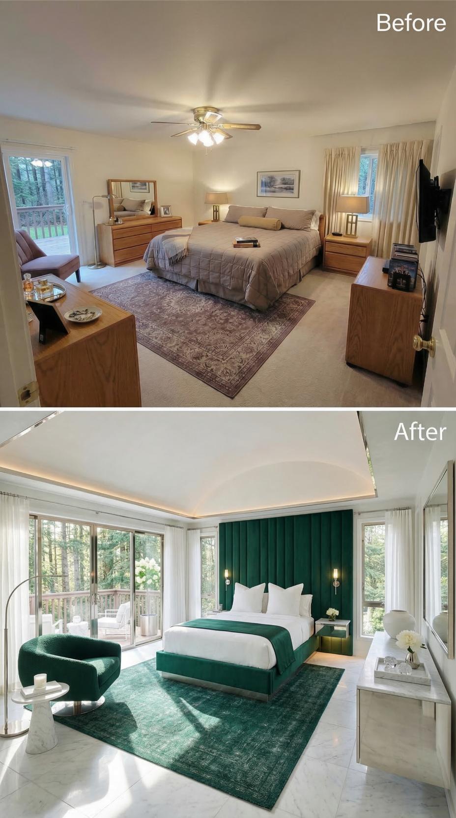 Emerald Velvet Panel Wall and Tray Ceiling Lighting Replace Carpet and Ceiling Fan