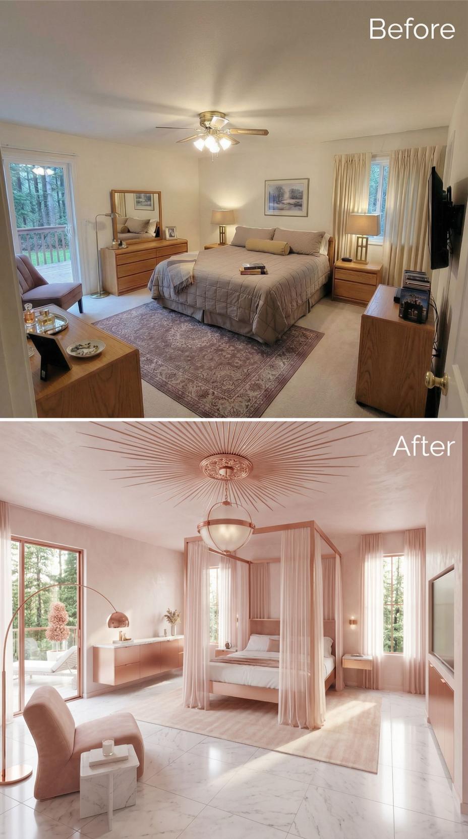 Sunburst Ceiling Medallion and Rose Gold Four-Poster Displace Oak Dressers and Carpet
