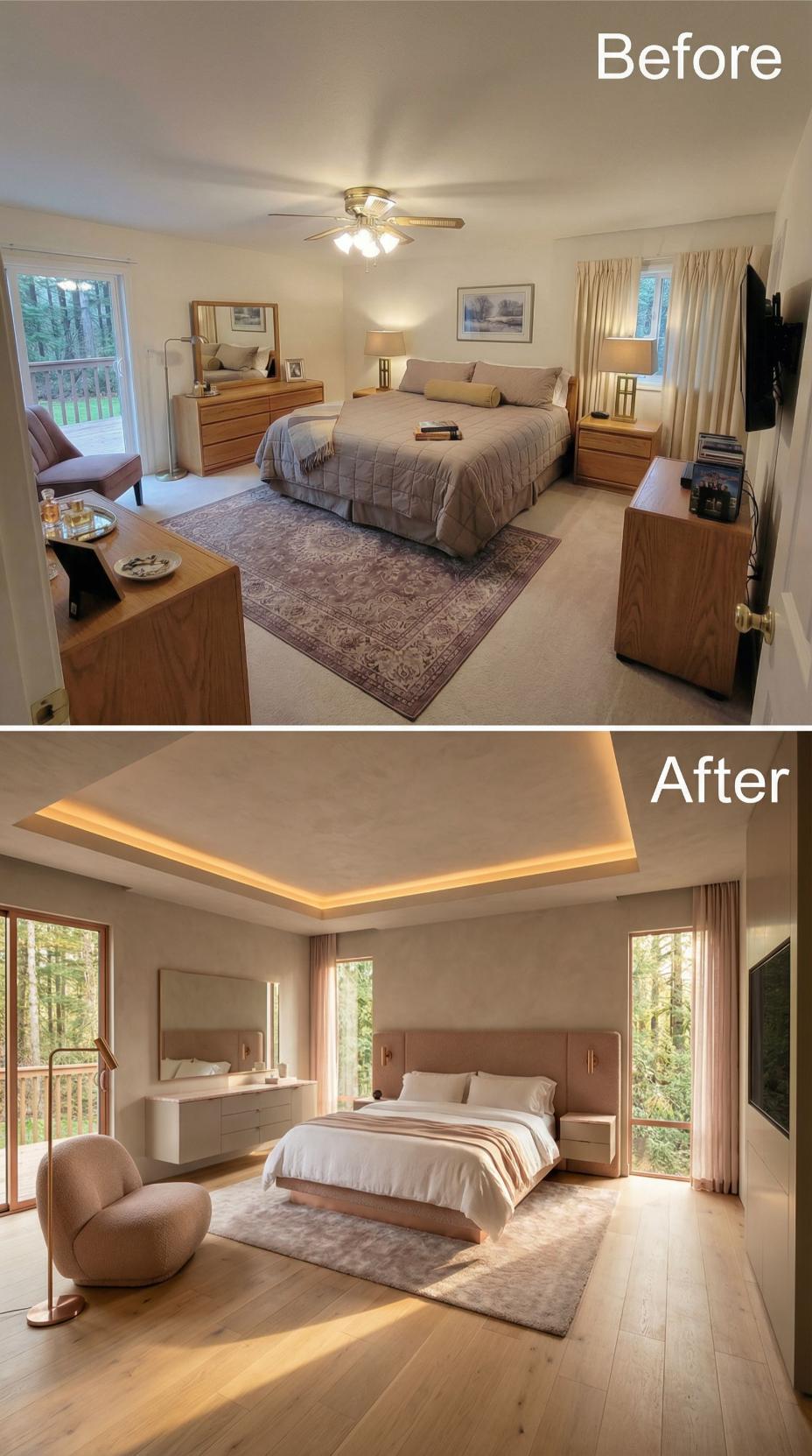 Tray Ceiling with Cove Lighting and Wide-Plank Oak Floor Retire Beige Carpet and a Ceiling Fan