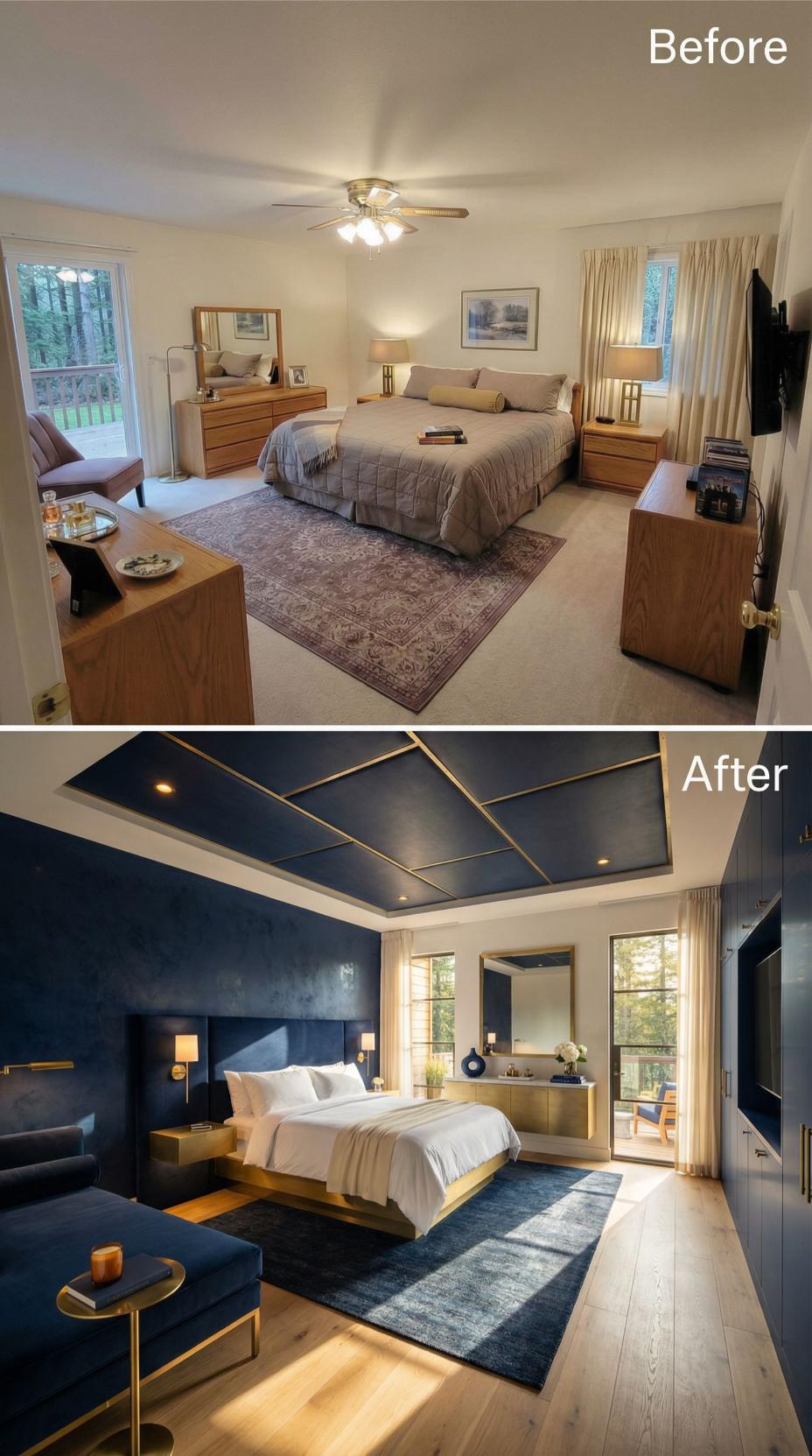 Gold Trim on a Geometric Coffered Ceiling Displaces Oak Dressers and Beige Carpet