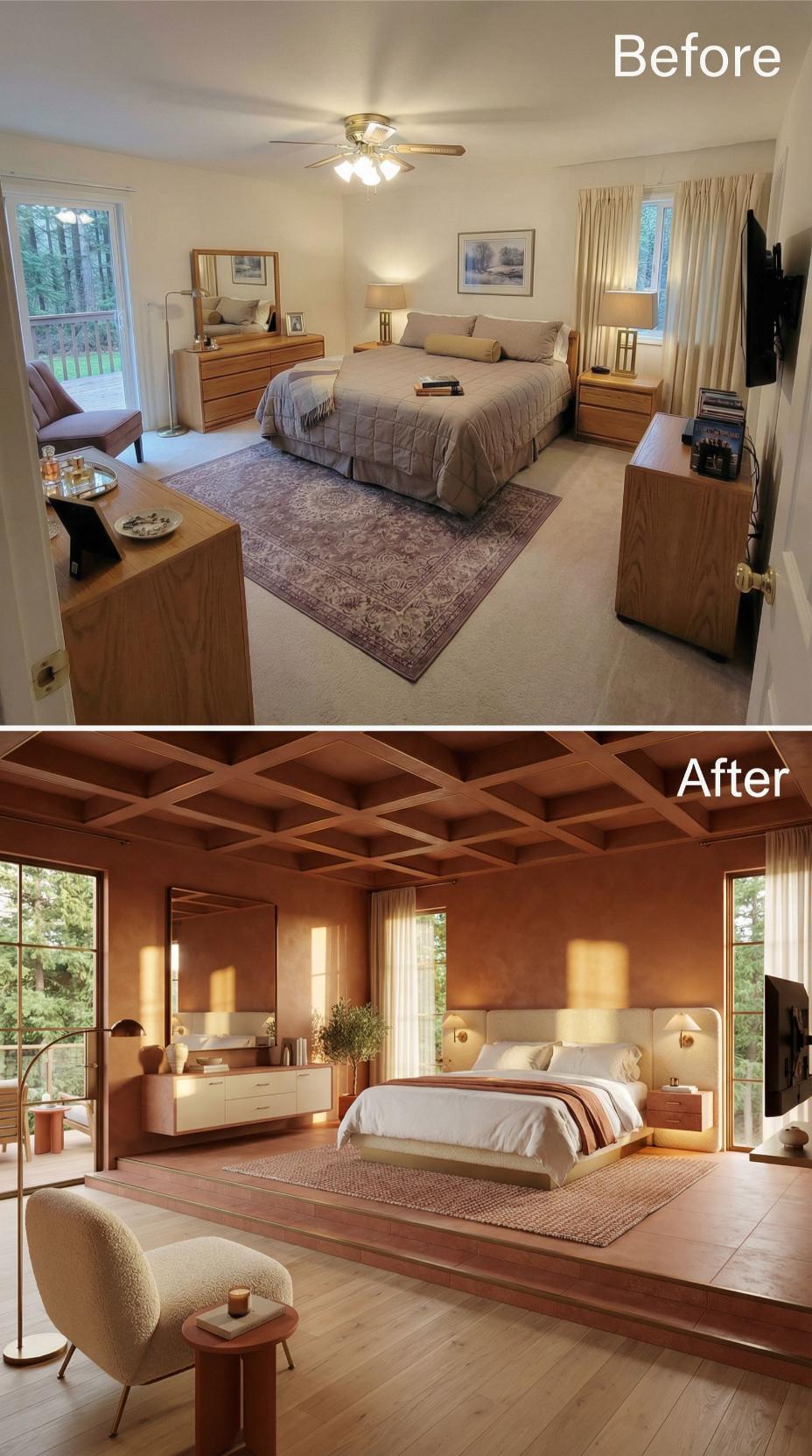 Coffered Walnut Ceiling and Terracotta Plaster Walls Retire Beige Carpet and a Ceiling Fan