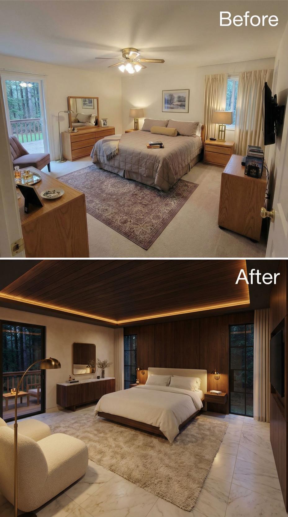 Walnut Shiplap Ceiling with Cove Lighting Buries Beige Carpet and a Brass Fan