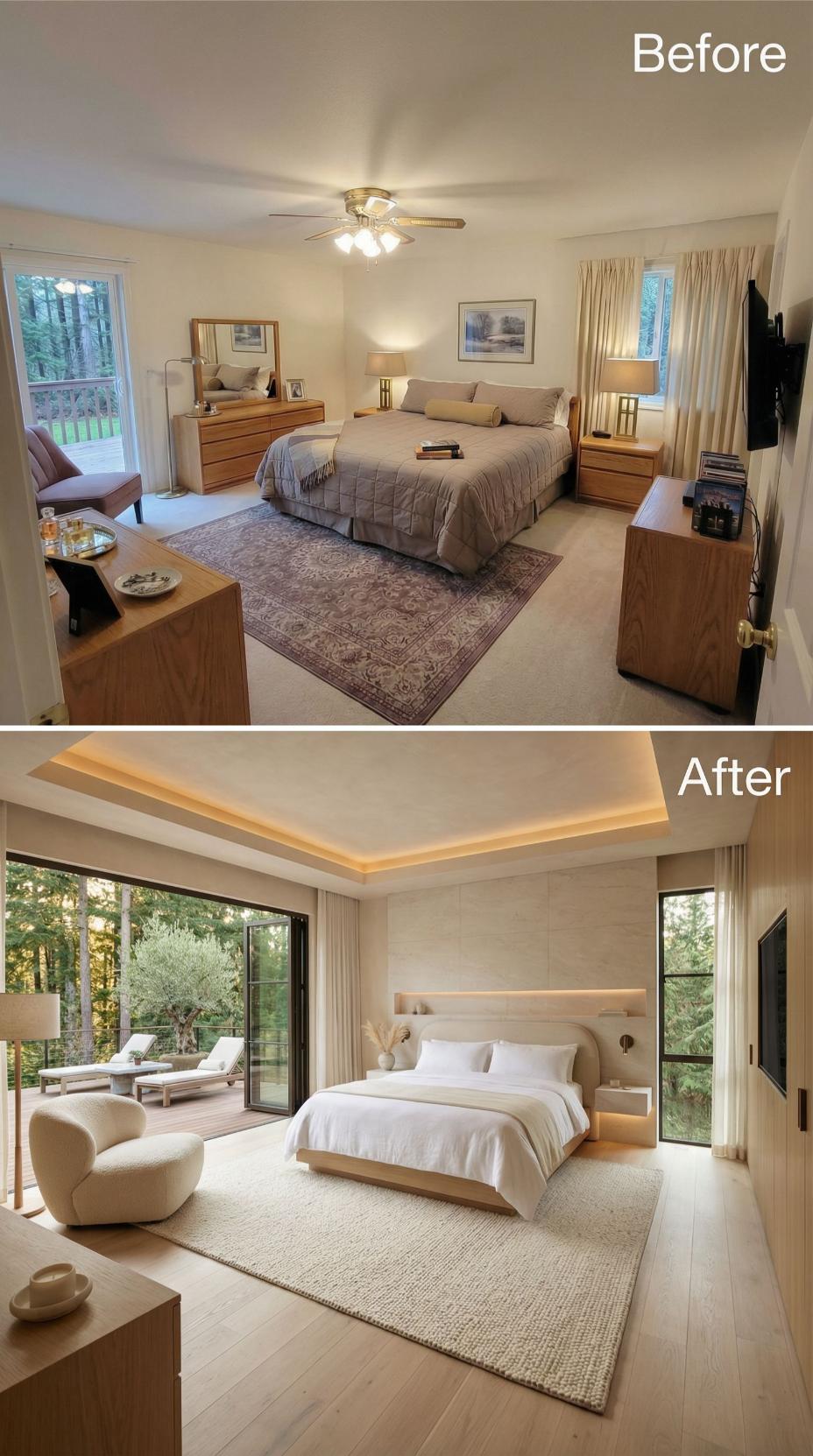 Tray Ceiling Cove Lighting and Floor-to-Ceiling Glass Retire Oak Dressers and Carpet