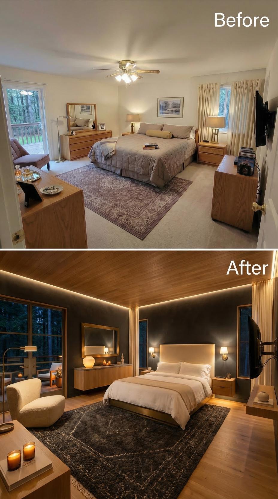 Cove Lighting and a Wood-Planked Ceiling Pull This Bedroom Out of the 1990s