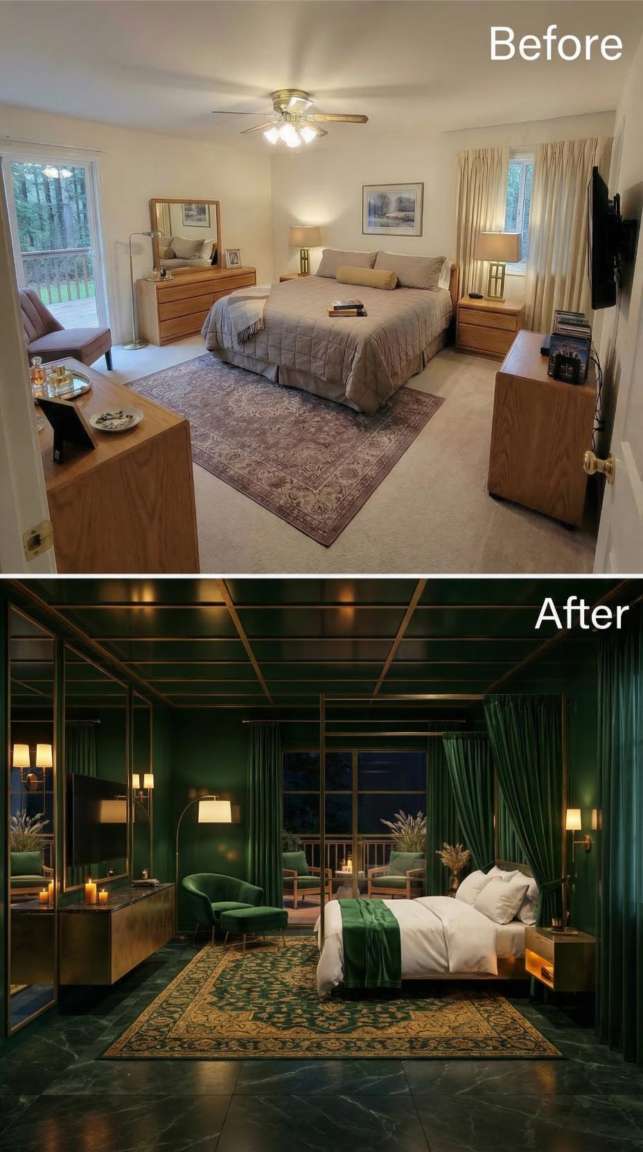 Brass Trim, Emerald Velvet, and Dark Marble Floor a Bedroom That Had Nothing to Say