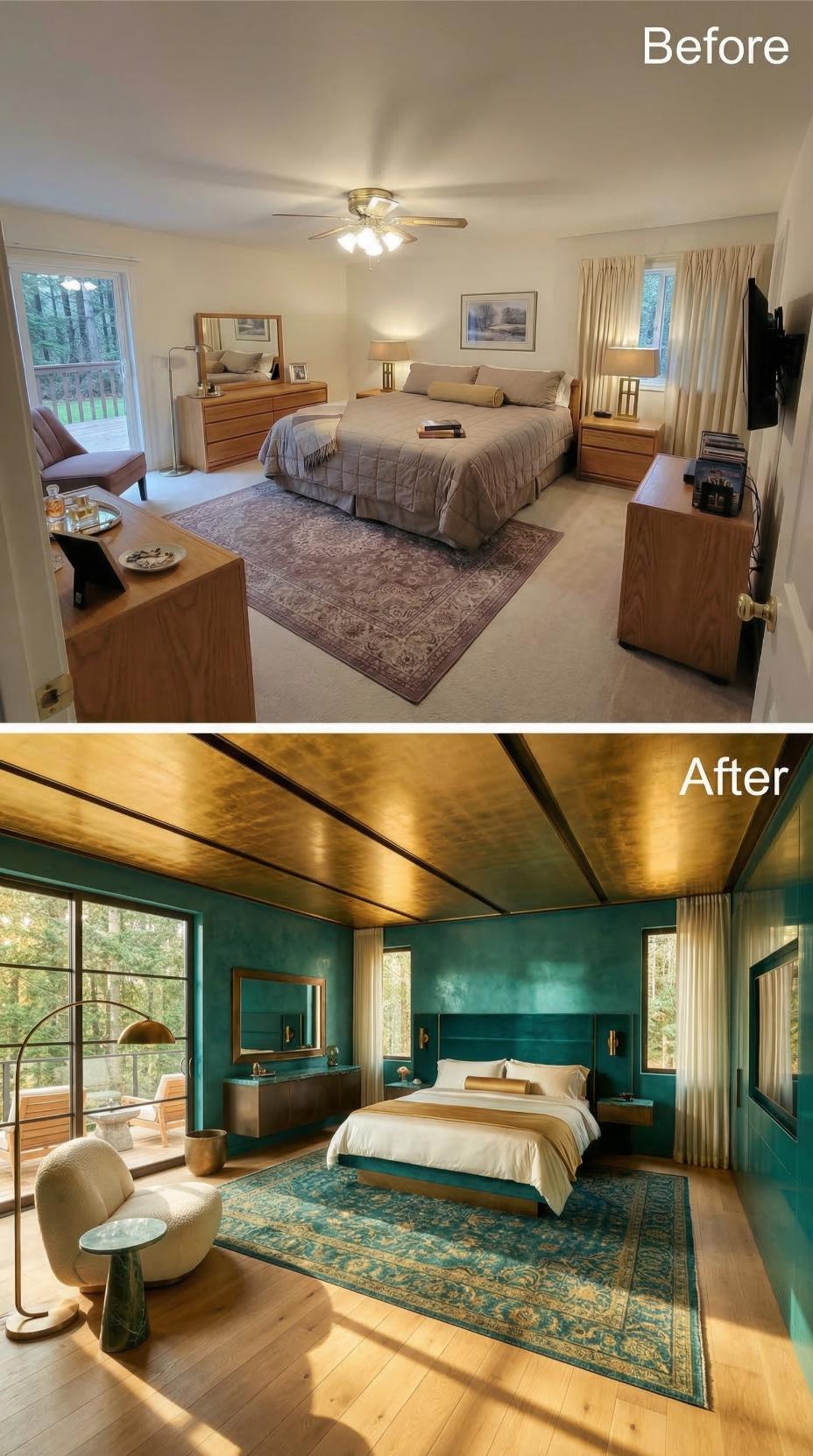 Teal Venetian Plaster Walls and a Gold Ceiling Finish What Carpet and Beige Started