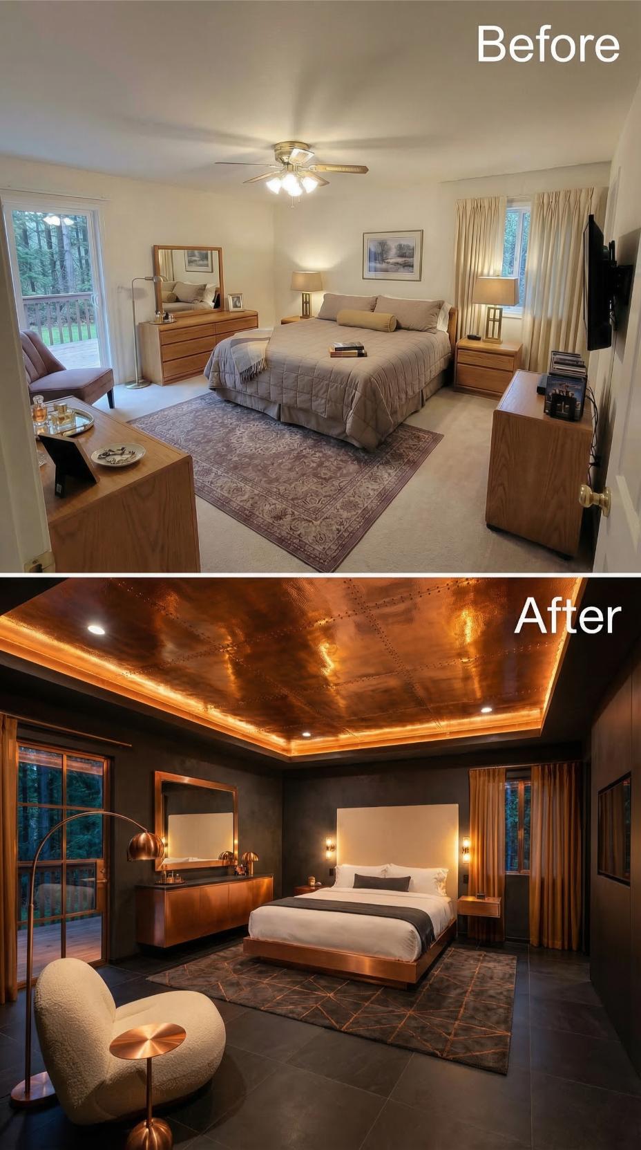 Copper Ceiling Panels and Cove Lighting Replace Beige Paint and a Ceiling Fan