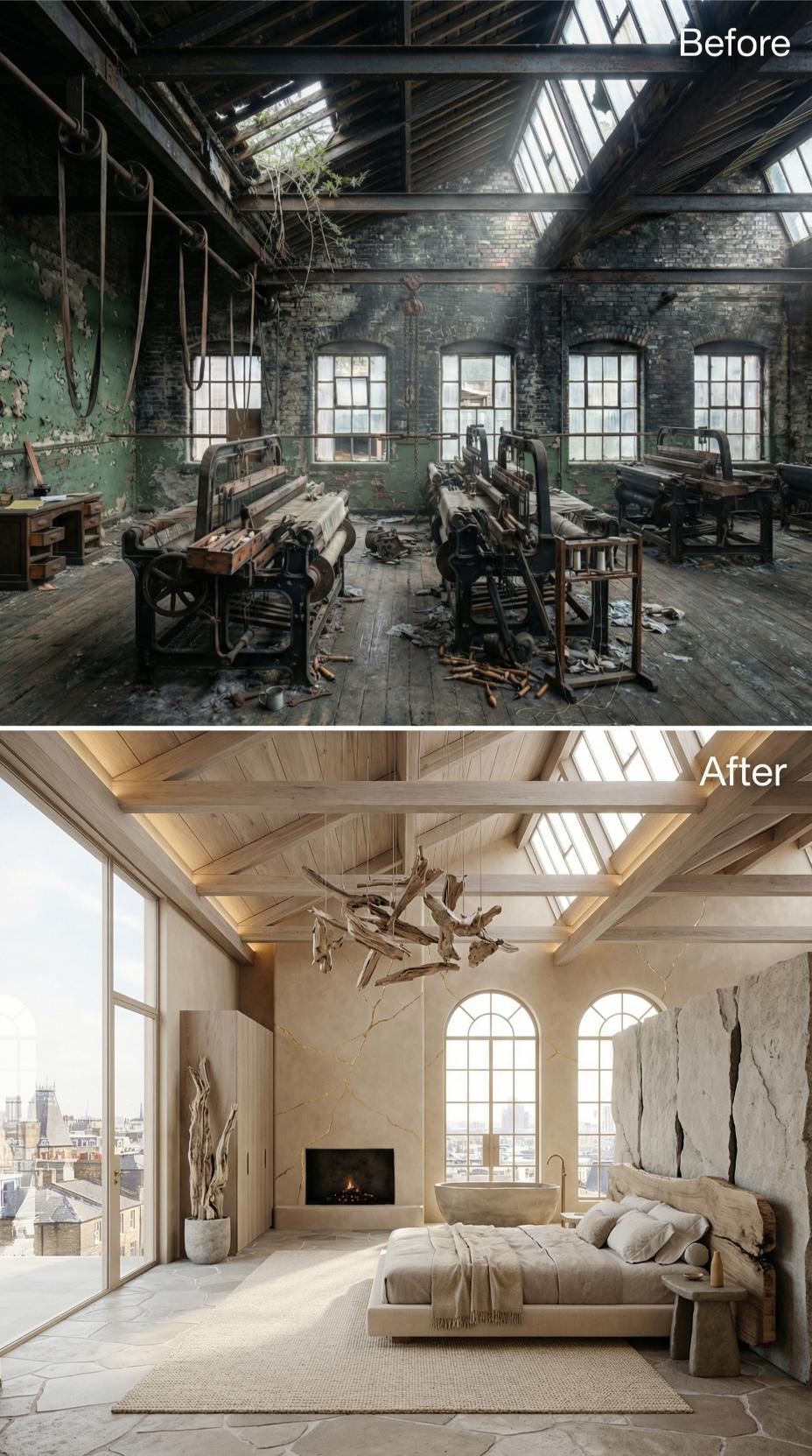 Driftwood Chandelier and Kintsugi Plaster Pull a Ruined Loom Floor Into Rest
