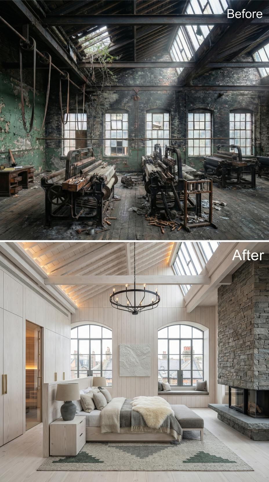 Stone Fireplace and Skylight Ceiling Pull a Derelict Mill Corner Into Calm